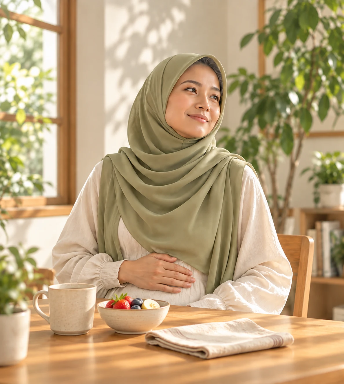 Seorang perempuan muda berhijab duduk di meja sarapan di rumah, tangannya di perut